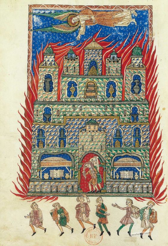 Sélection de 12 affiches du Béatus de Arroyo Le feu de Babylone (folio 147v), Béatus de Arroyo
