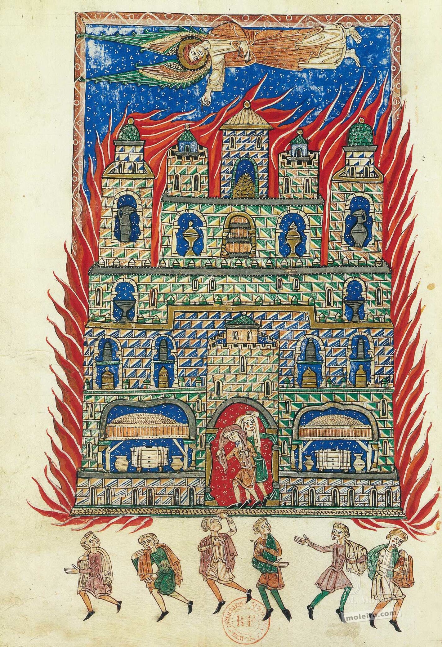 Arde Babilonia (folio 147v), Beato de Liébana, códice de San Andrés de Arroyo