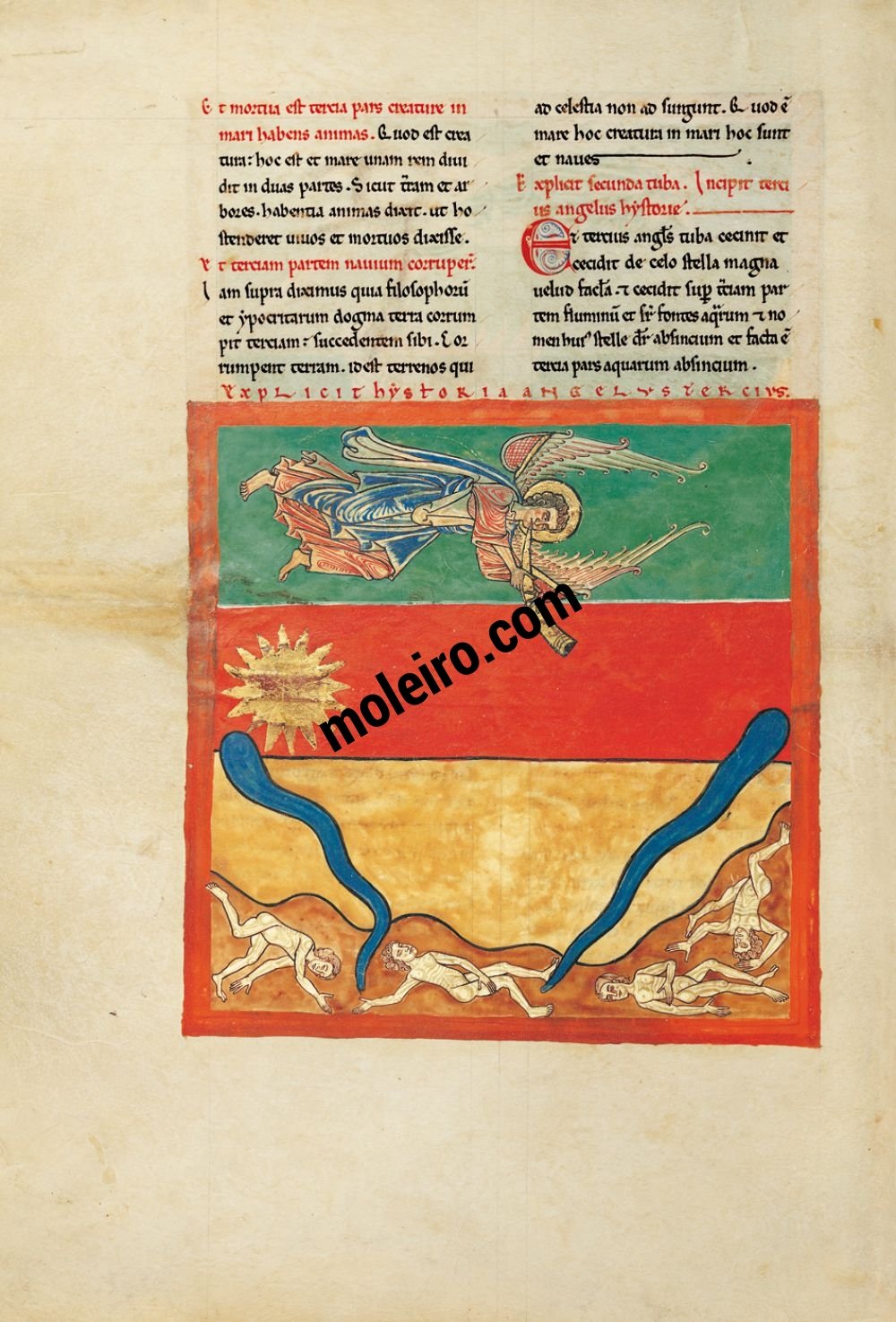 Beatus von Cardeña f. 96v, Der Engel an der dritten Posaune. Der groe, brennende Stern