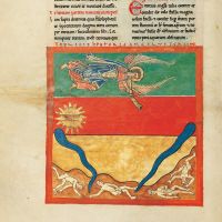 f. 96v, El ángel de la tercera trompeta: la estrella grande, ardiendo