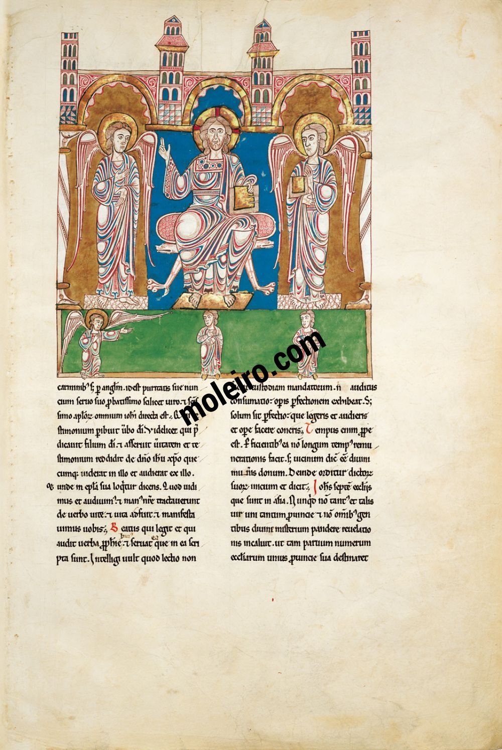 Beato de Liébana, códice del Monasterio de San Pedro de Cardeña, Burgos f. 3A, Dios entrega el libro al ángel y éste a Juan