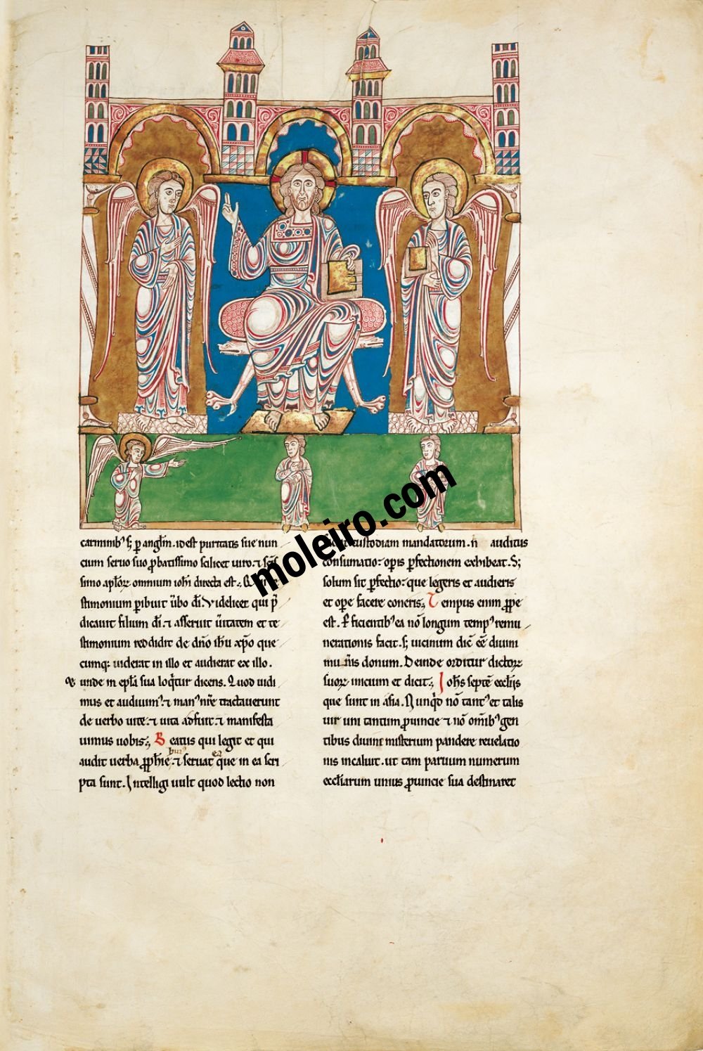 Béatus de Cardeña f. 3A, Dieu remet le livre à l'ange, puis ce dernier à Jean