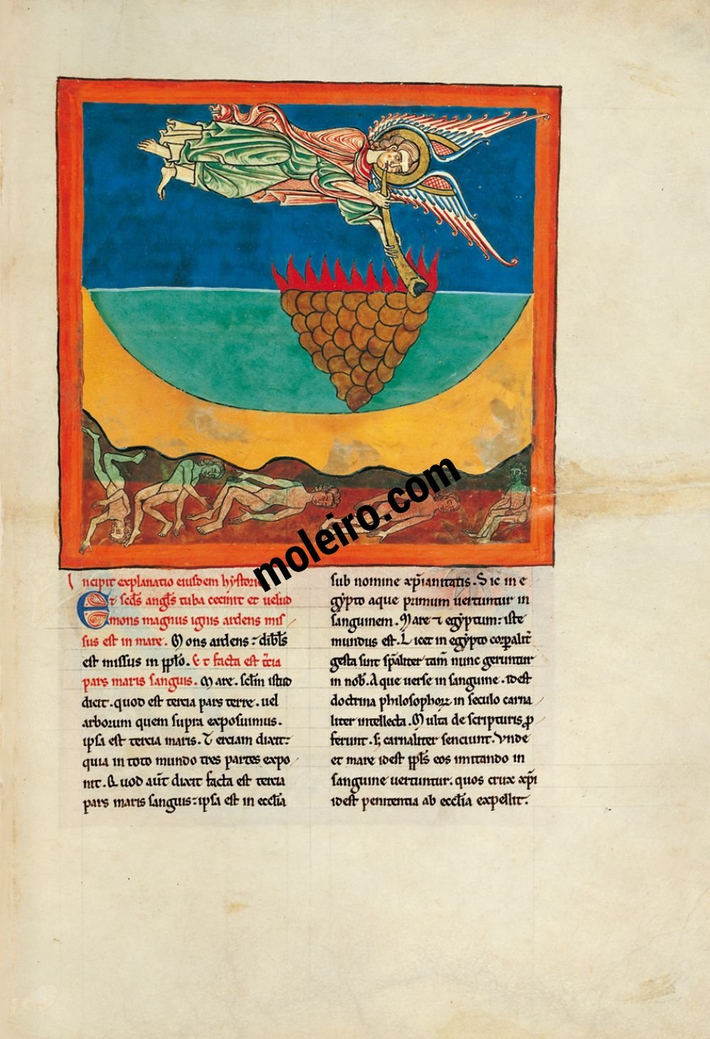Beato de Liébana, códice del Monasterio de San Pedro de Cardeña, Burgos f. 96r, El ángel de la segunda trompeta: el monte en llamas arrojado al mar