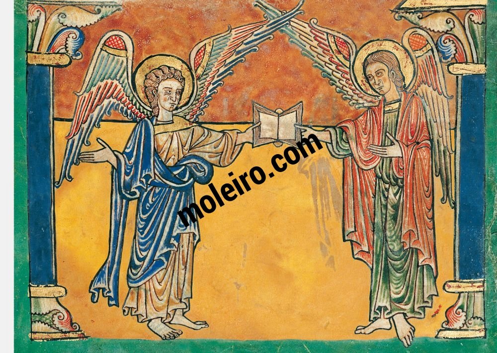 Beato de Liébana, códice del Monasterio de San Pedro de Cardeña, Burgos f. 9r, Ángeles con el evangelio de Mateo