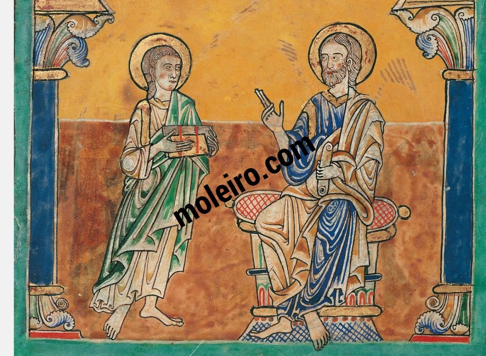 Cardeña Beatus f. 9v, St Mark the Evangelist enthroned and a standing witness