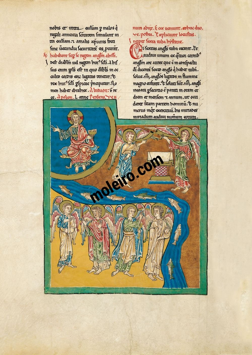 Beato de Liébana, códice del Monasterio de San Pedro de Cardeña, Burgos f. 11B, El ángel de la sexta trompeta: los ángeles del río Éufrates