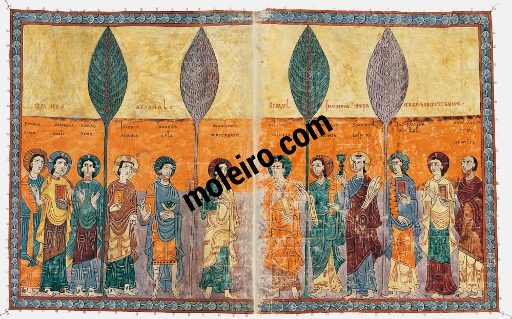 Beato di Girona f.52v Prologo: in chiesa: ritratto degli apostoli dichiarando dove predicavano.