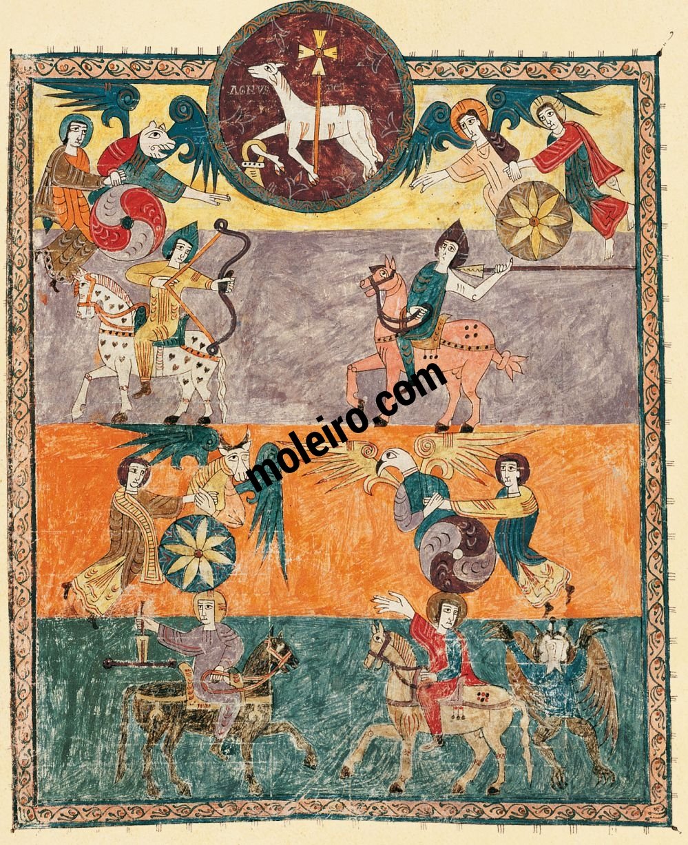 Beato de Liébana, códice del Monasterio de San Salvador de Tábara, Zamora f. 126r, Apertura de los cuatro sellos