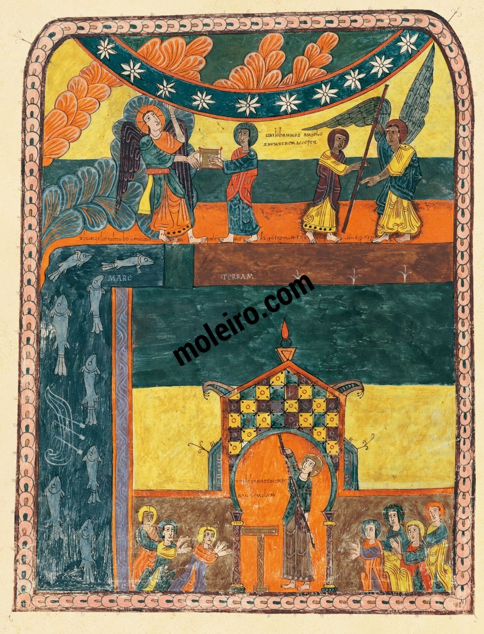 Beato de Liébana, códice del Monasterio de San Salvador de Tábara, Zamora f. 161v, Historia del ángel poderoso. San Juan recibe la vara y mide el templo