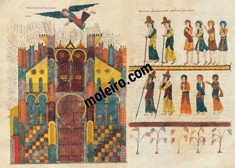 Beato de Liébana, códice del Monasterio de San Salvador de Tábara, Zamora ff. 215v-216r, El fuego de Babilonia y el duelo de los reyes y de los mercaderes
