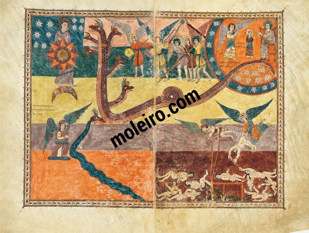 Girona Beatus ff. 171v-172r, The woman garbed by the sun and the dragon