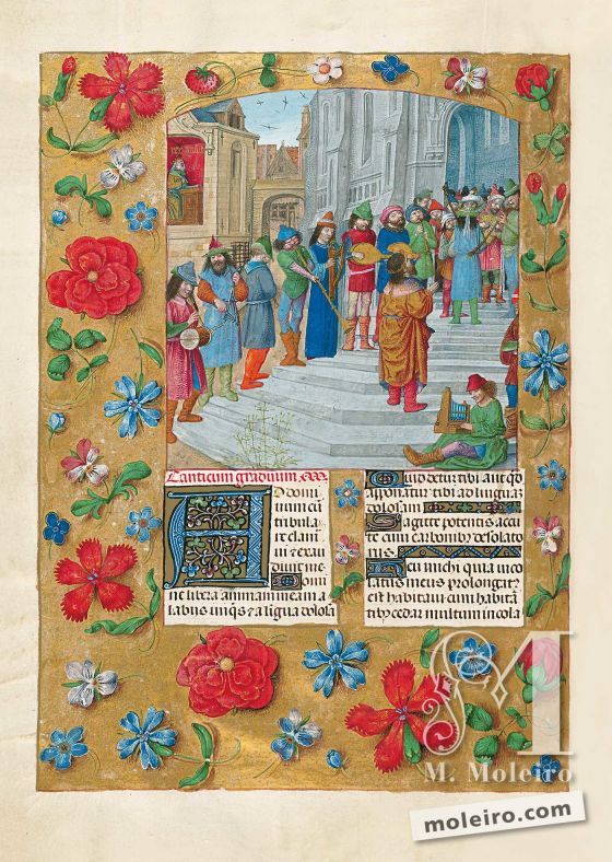 The Isabella Breviary f. 184v, King David and his musicians on the fifteen stairs of the Temple