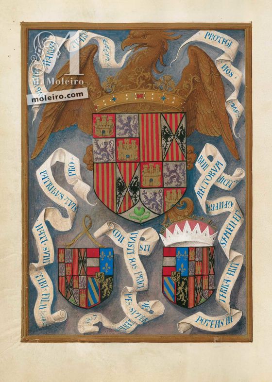 Brevier von Isabella der Katholischen f. 436v, Wappenschild der Katholischen Könige zusammen mit denen ihrer zwei Kinder und deren Ehepartnern