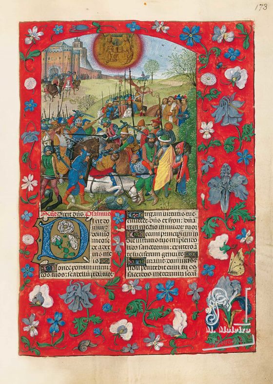 Brevier von Isabella der Katholischen f. 173r, Apologie der Eroberung Granadas 1492 - Abraham befreit Lot und wird von Melchisedek belohnt