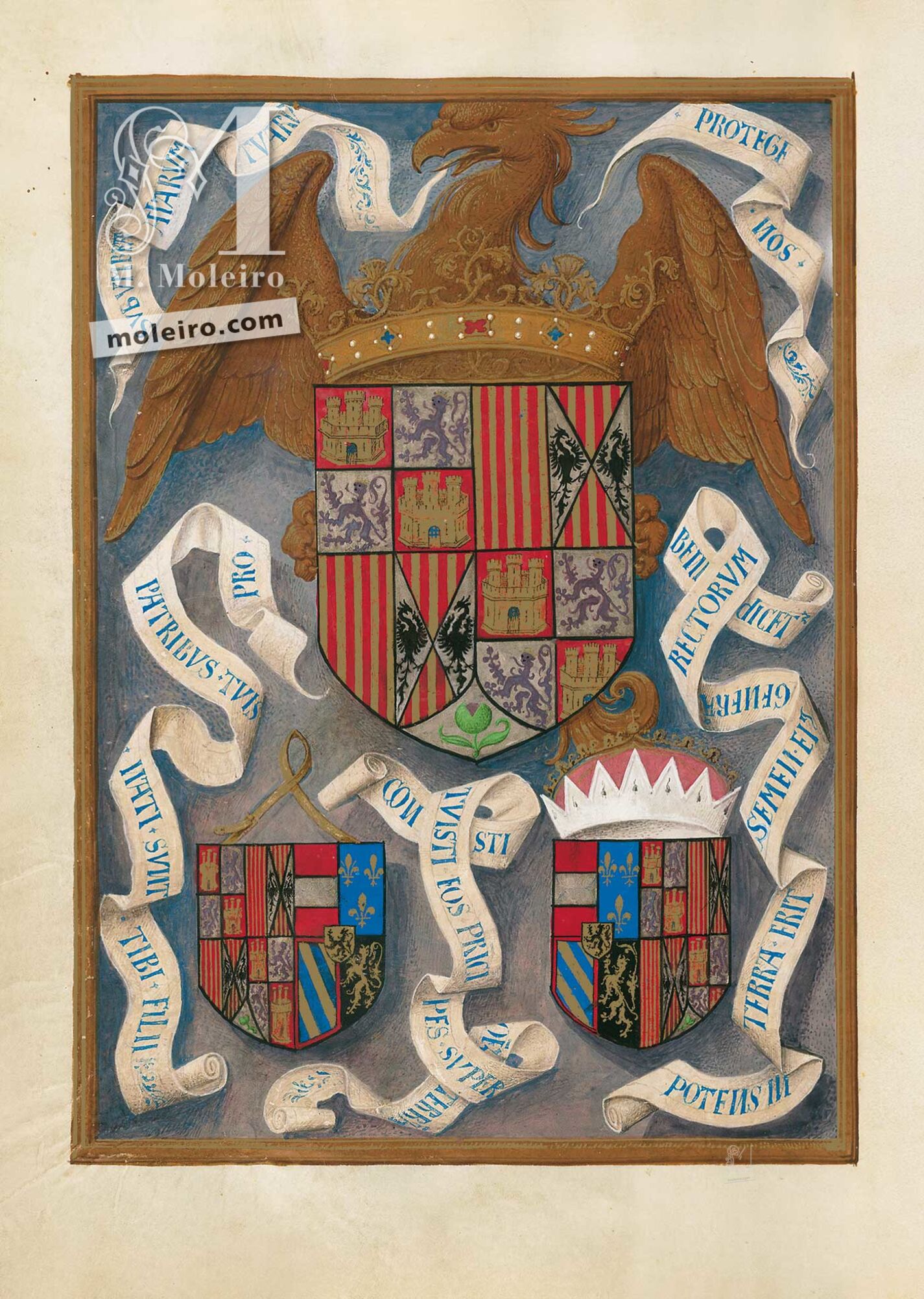 f. 436v, Escudo de los Reyes Católicos junto con los de sus dos hijos y yernos