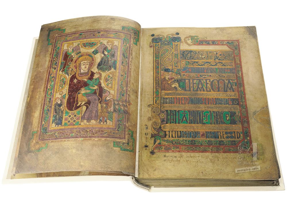 El Libro de Kells (Book of Kells) Folio 7v: La Virgen y el Niño. Folio 8r: Breves causae de Mateo I-III
