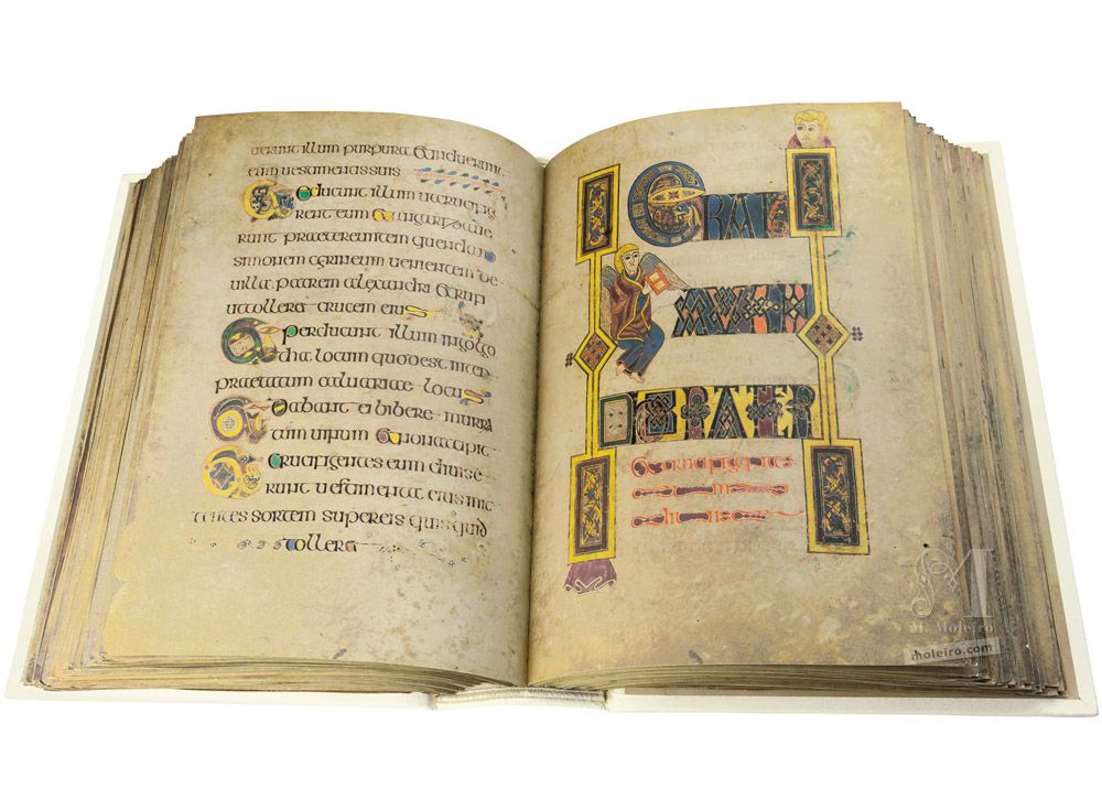 El Libro de Kells (Book of Kells) ff. 182v-183 · Marcos 15:25: 
Era la hora tercera cuando le crucificaron
