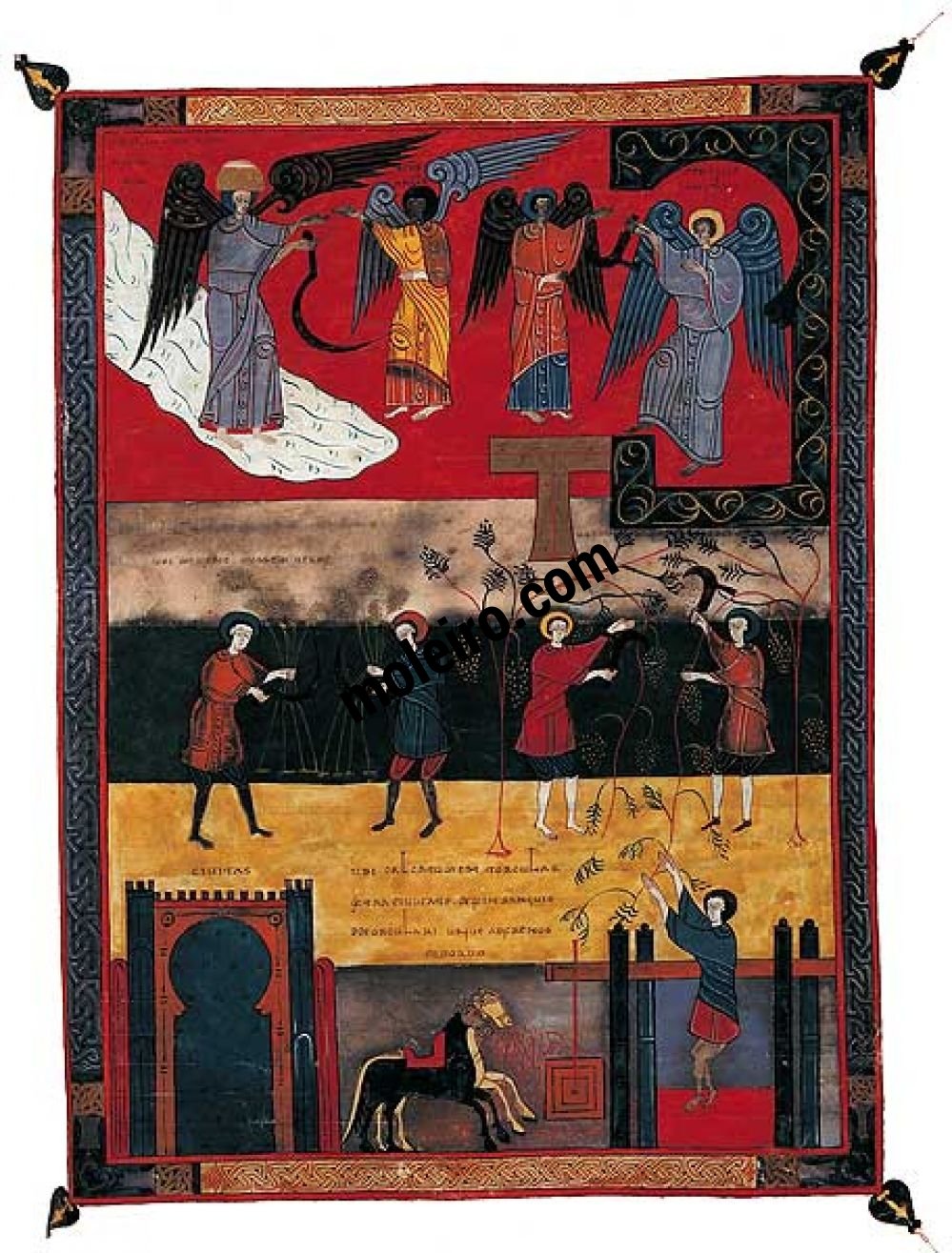 Beatus von Ferdinand I. und Doña Sancha f. 209, Mahd, Weinlese und Kelter des Zorns Gottes (Offb XIV, 14-20)