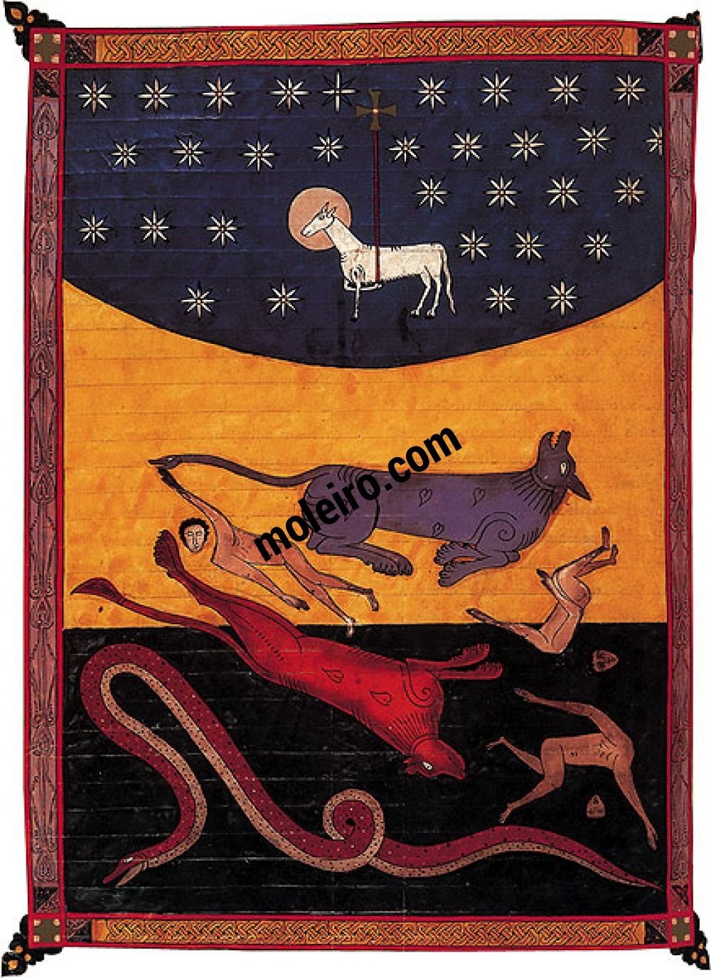 Beato de Liébana, códice de Fernando I y doña Sancha f. 230v, El Cordero vence a la bestia, el dragón y el falso profeta (Apoc. XVII, 14-18)