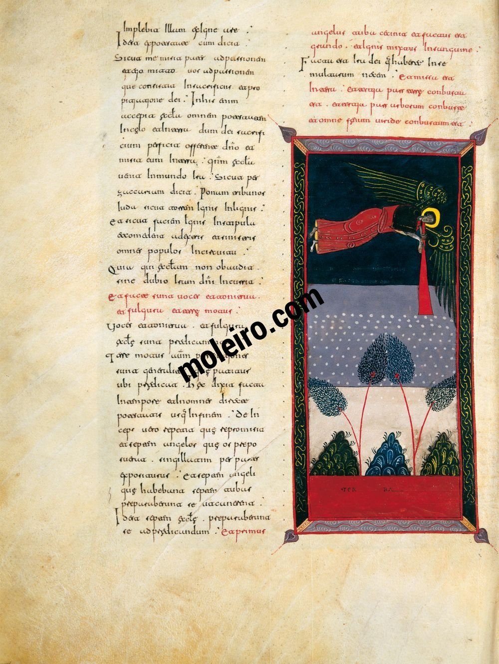 Beatus von Ferdinand I. und Doña Sancha f. 163v, Der erste Engel bläst die Trompete (Offb VIII, 7)