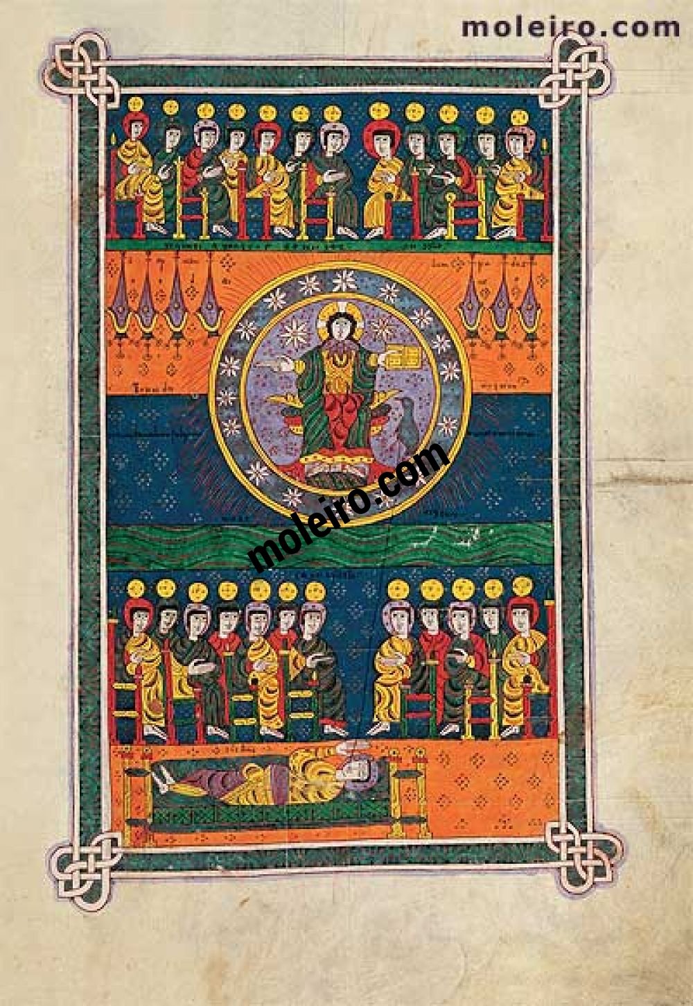 Carpeta con 6 láminas del Beato de Liébana, códice de Santo Domingo de Silos f. 83r, Visión de Dios antes la apertura de los siete sellos
