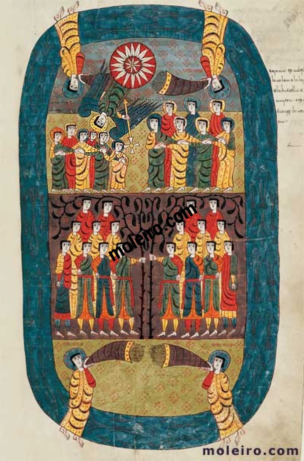 Carpeta con 6 láminas del Beato de Liébana, códice de Santo Domingo de Silos f. 111r, Los cuatro ángeles frenando los cuatro vientos