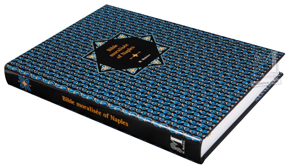 Bíblia moralizada de Nápoles Fotografia em perspetiva da capa e lombada do livro de arte da Bíblia Moralizada de Nápoles.