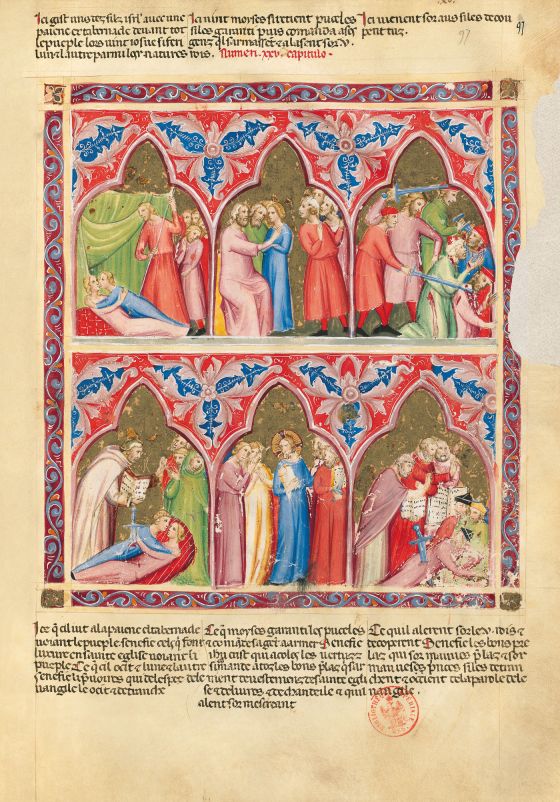 Biblia moralizada de Nápoles f. 97r (Números 25, 10-18 y 31, 15-18 y 31, 5-9)