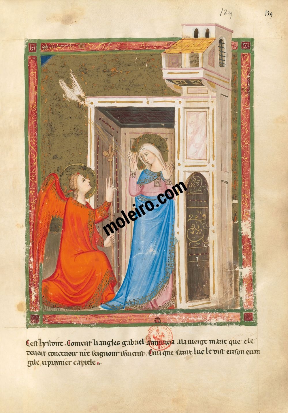 Bible moralisée of Naples f. 129r: The Annunciation (Luke 1: 31-38)