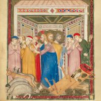 f. 158v: Jesus drives the merchants out of the temple (Matt. 21: 12-13)