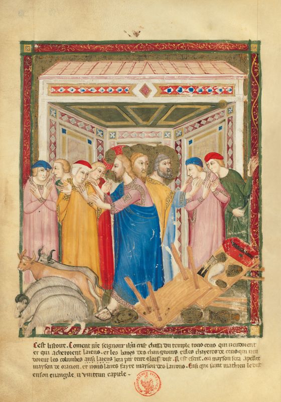 Bible moralisée de Naples f. 158v : Jésus chasse les marchands du temple (Mt 21, 12-13)