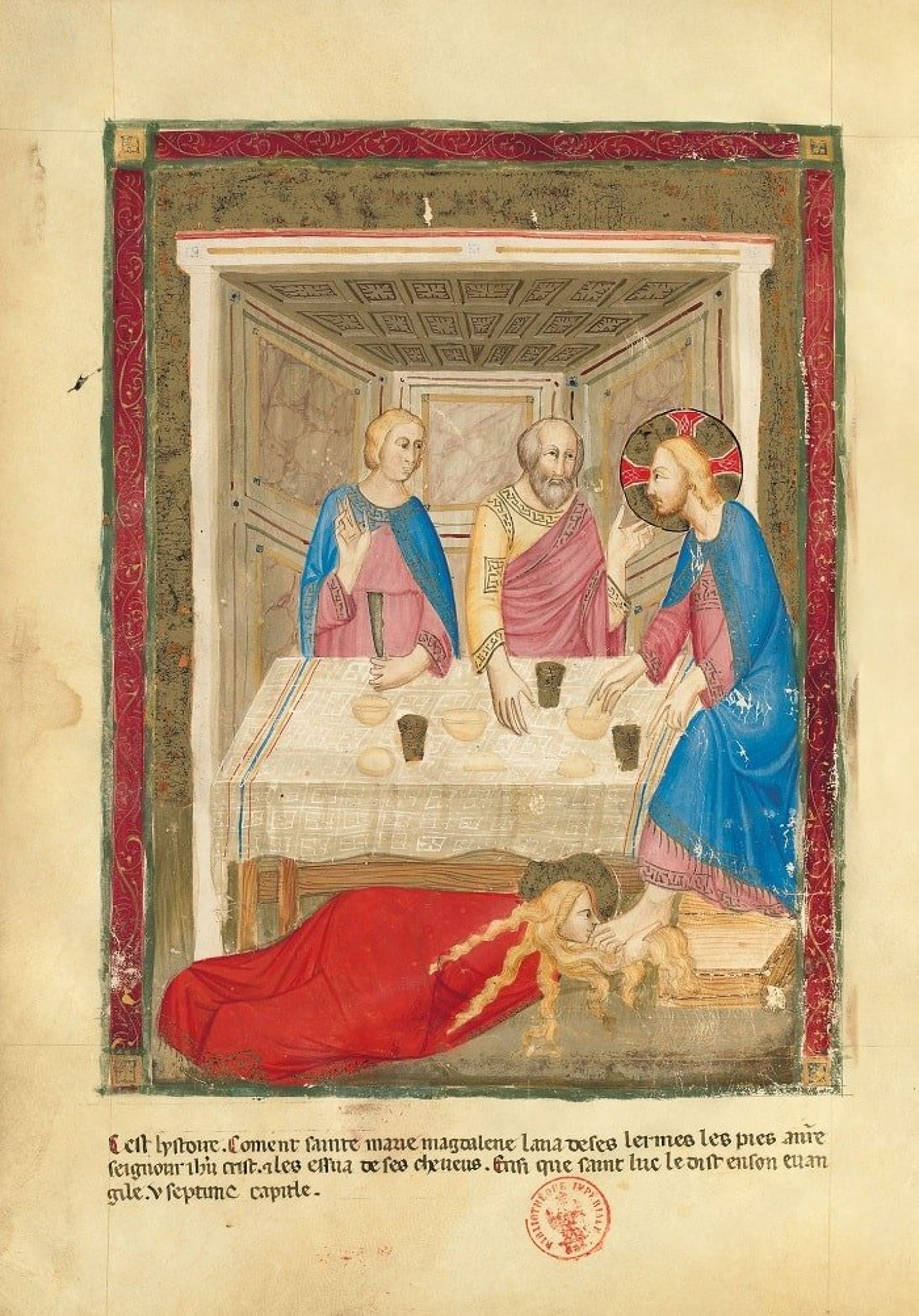 f. 160v: María Magdalena lava los pies de Cristo (Lucas 7, 38)
