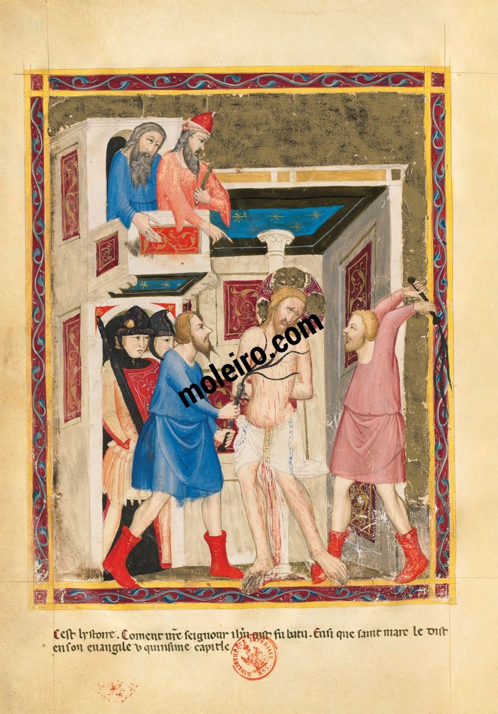 Biblia moralizada de Nápoles f. 171v: Flagelación de Cristo (Marcos 15, 15)