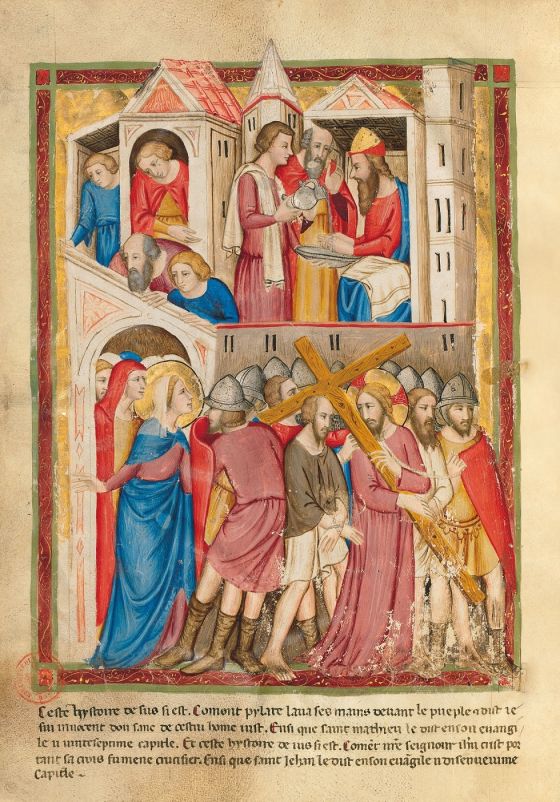 Biblia moralizada de Nápoles f. 175v: Pilatos se lava las manos; Jesús con la cruz a cuestas (Mateo 27, 24-25 y Juan 19, 16-17)