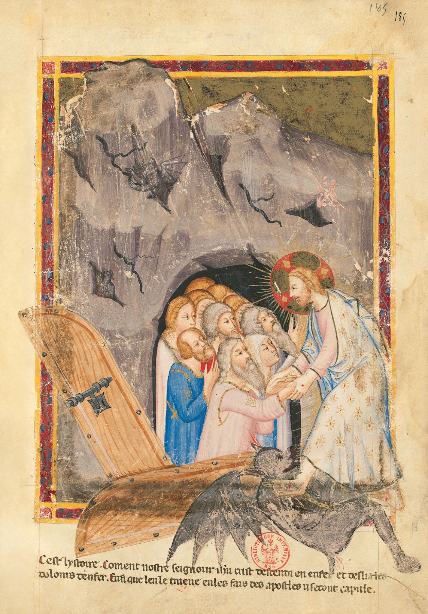 f. 185r: Descenso de Cristo al Infierno (Hechos 2, 27)