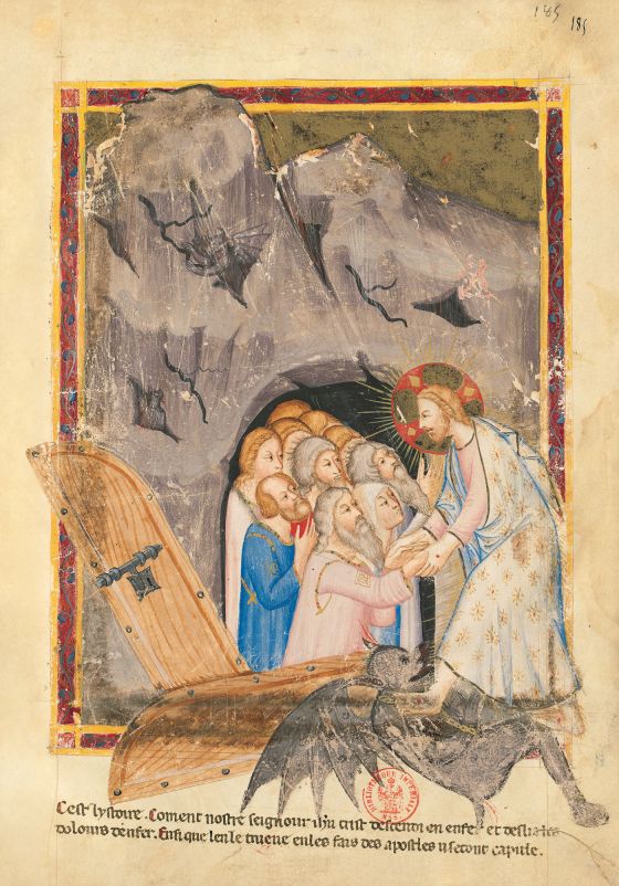 Bible moralisée de Naples f. 185r : Descente du Christ aux Enfers (Act 2, 27)