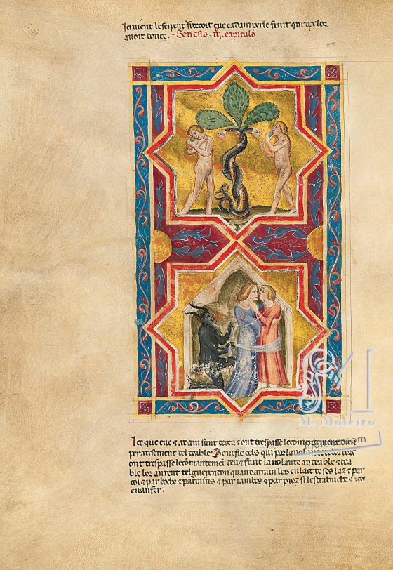 Biblia moralizada de Nápoles f. 8v (Génesis 3, 1-6)