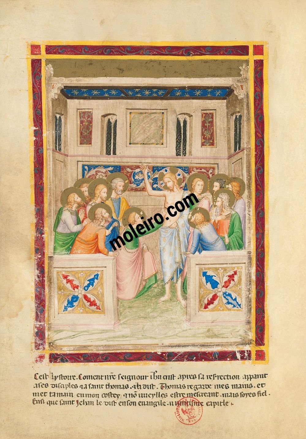 Bible moralisée de Naples f. 187v : Incrédulité de saint Thomas (Jn 20, 26-27)