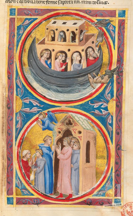 Bible moralisée de Naples f. 13r (Gn 8, 6-11)