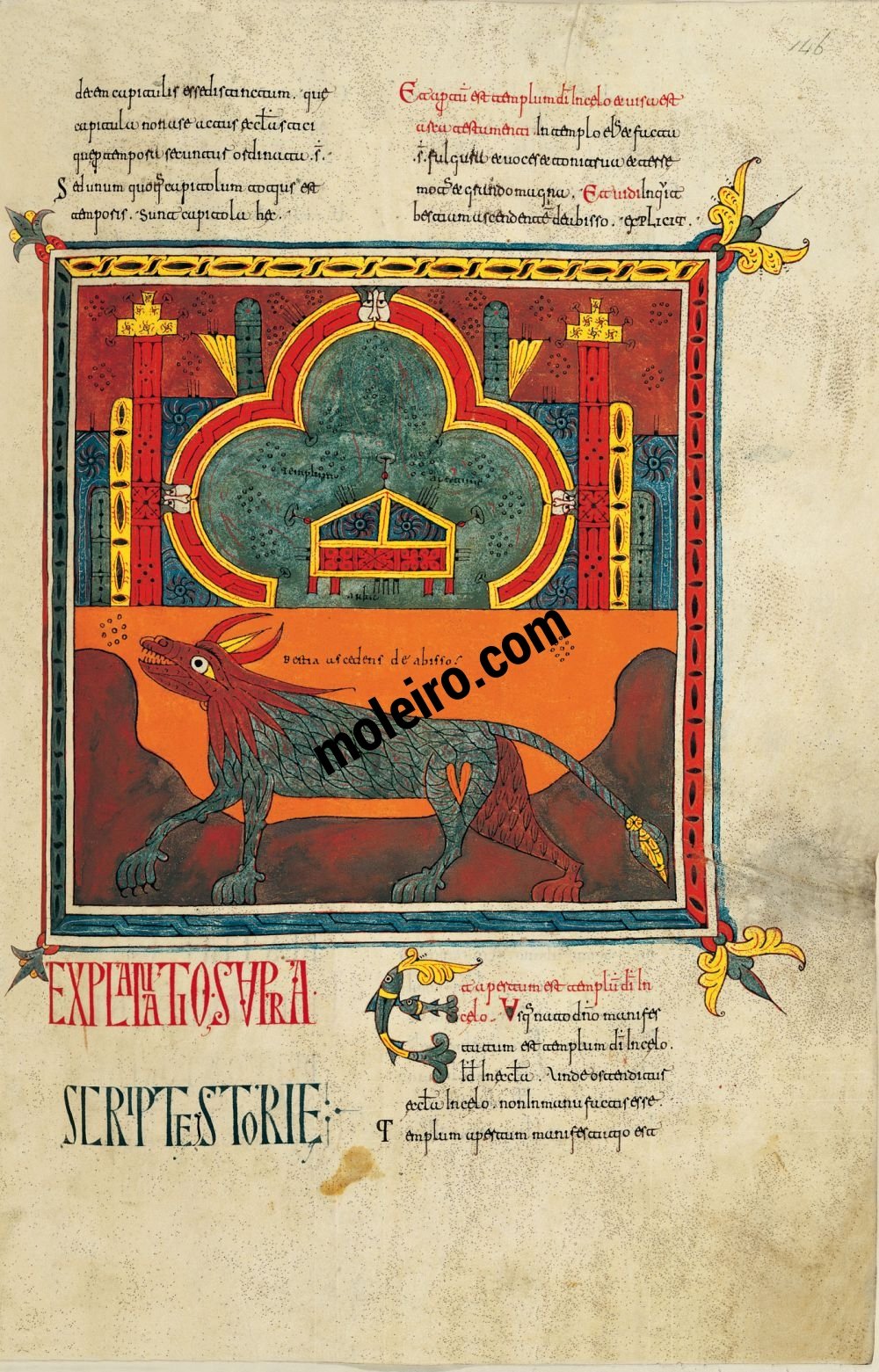 Beatus von Silos f. 146r; Der Tempel mit der Bundeslade und das aus der Totenwelt aufsteigende Tier