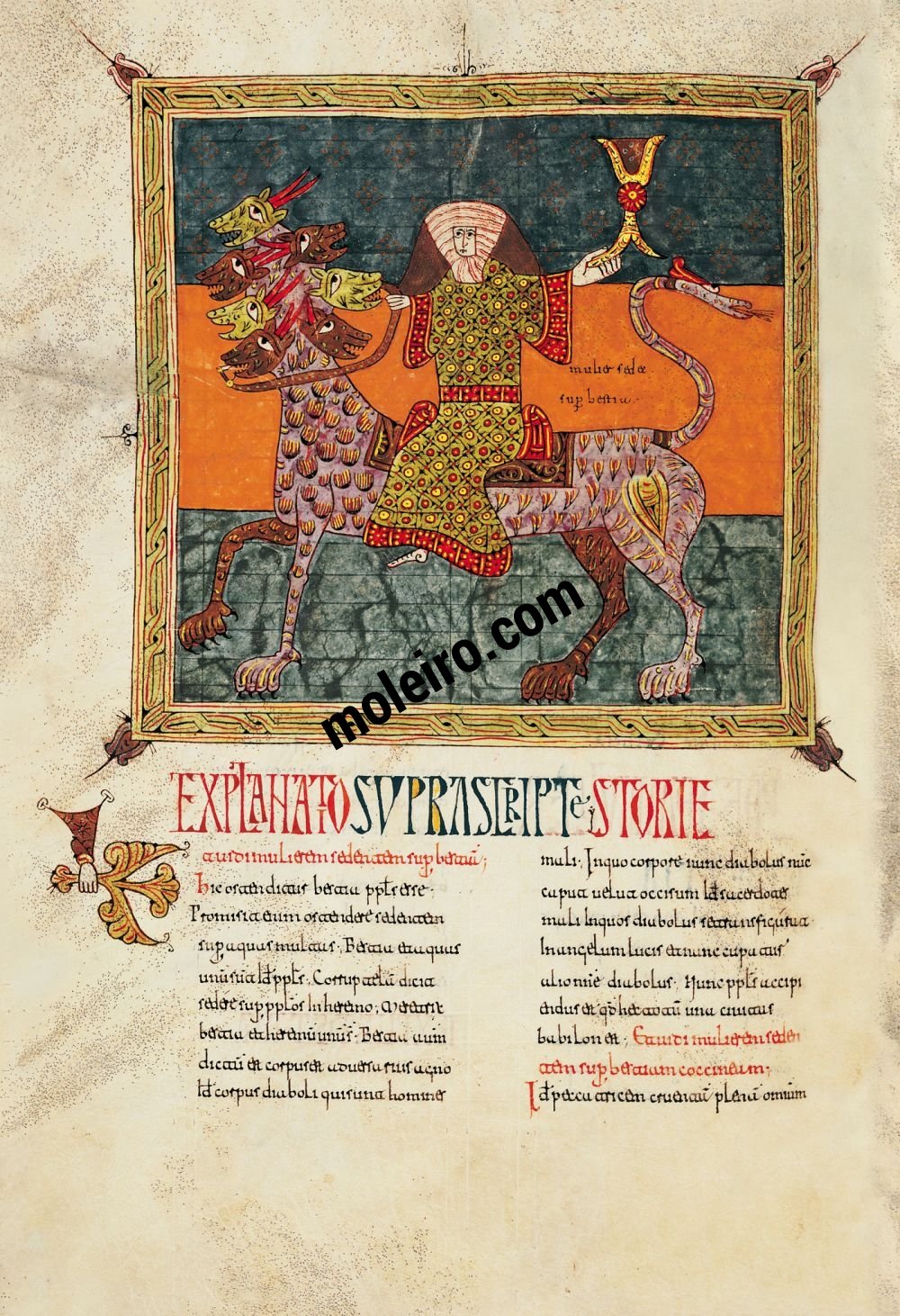 Beato de Liébana, códice del Monasterio de Santo Domingo de Silos, Burgos f. 183v, La mujer sobre la bestia de siete cabezas