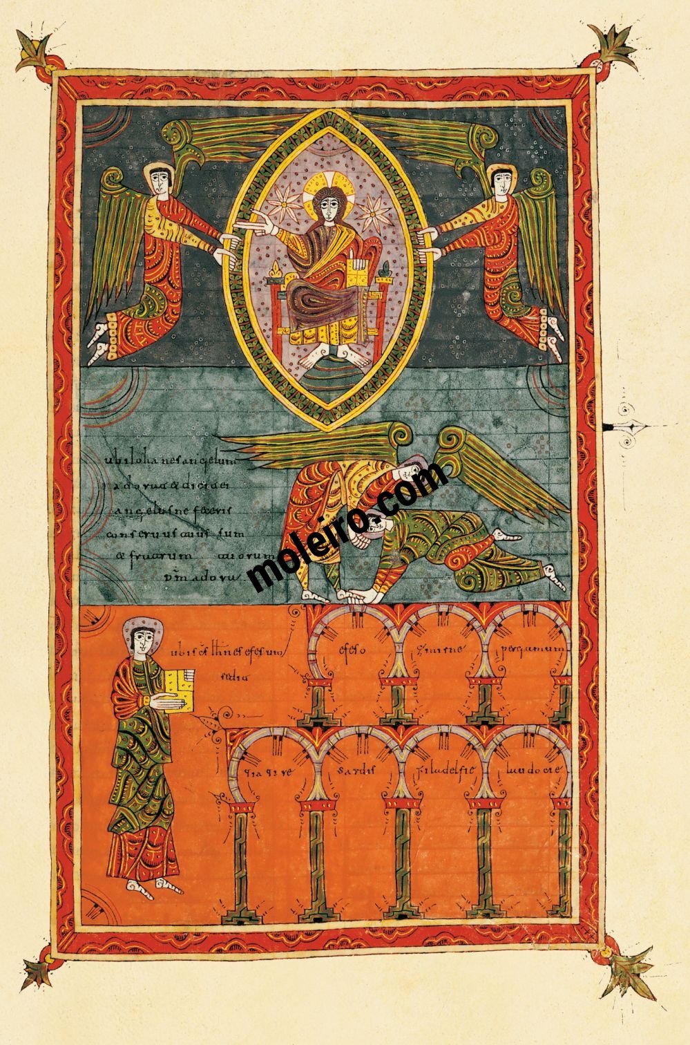 Silos Beatus f. 216r, John prostrates himself at the angel's feet