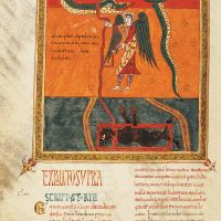 f. 199v, Der Engel legt den Satan in Ketten  (Storia: Ap. 20, 1-3), Petrus