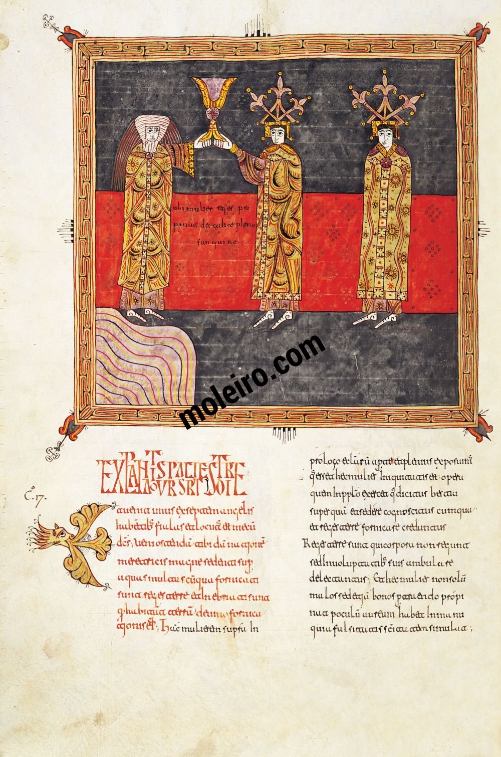 Beato de Liébana, códice del Monasterio de Santo Domingo de Silos, Burgos f. 182v, La gran Meretriz de Babilonia y los reyes de la tierra