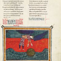 <p>f. 193r, The angel casts the mill stone into the sea</p>