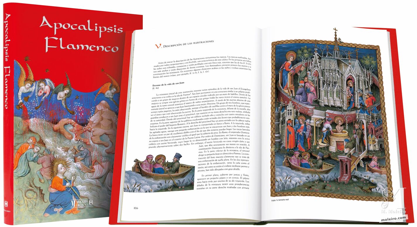 Presentación general del libro de estudio en formato libro de arte del Apocalipsis Flamenco (Siglo XV).