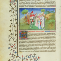 The strangers bid farewell to the young women in the presence of their parents, offering them a gift. f. 52v