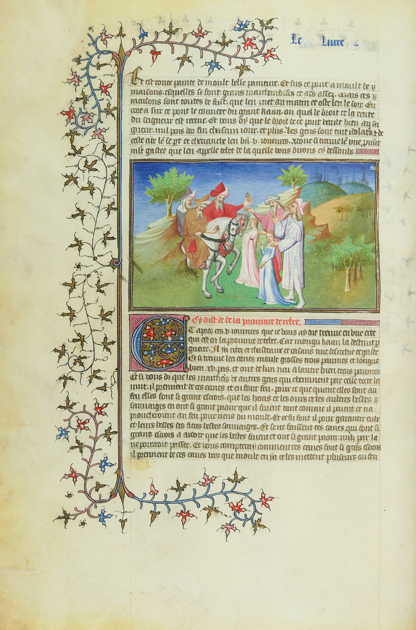 Los forasteros se despiden de las jovenes en presencia de sus padres, entregndoles un obsequio, f. 52v