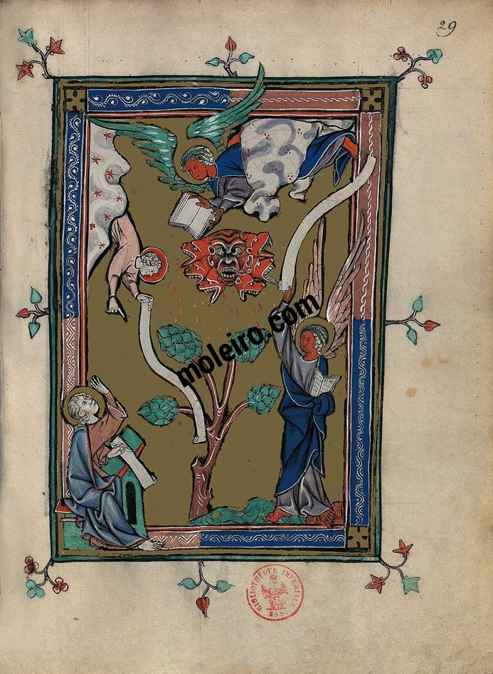 Carpeta con 5 láminas del Apocalipsis 1313 Ángel de pie sobre la tierra y el mar, f. 29r
