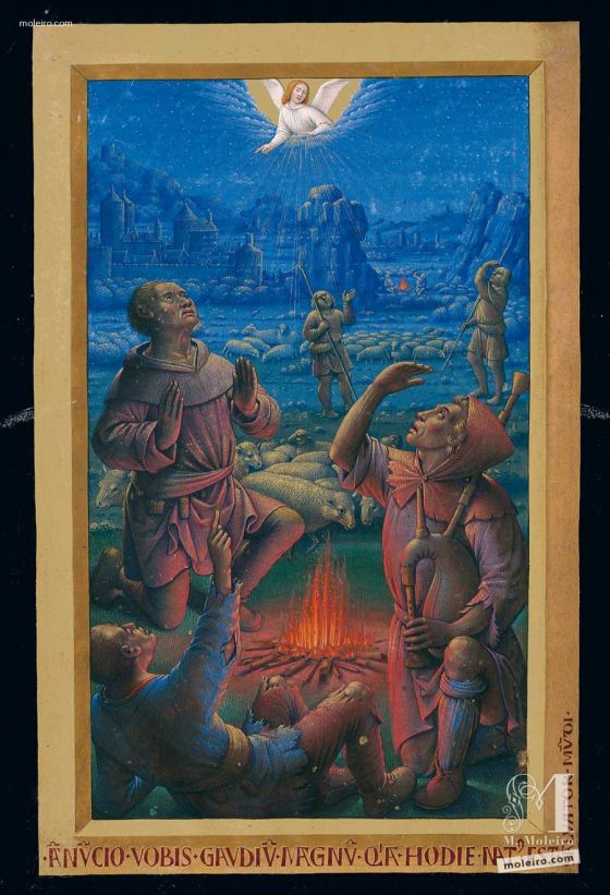 Carpeta con 5 láminas de las Grandes Horas de Ana de Bretaña Anuncio a los pastores, f. 58v